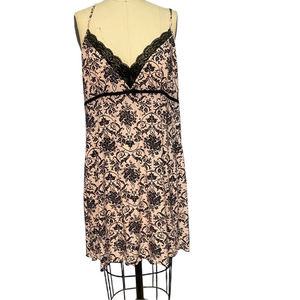 Pink Floral Chemise Slip Dress with Black Lace Trim | XL - Gilligan & O’Malley